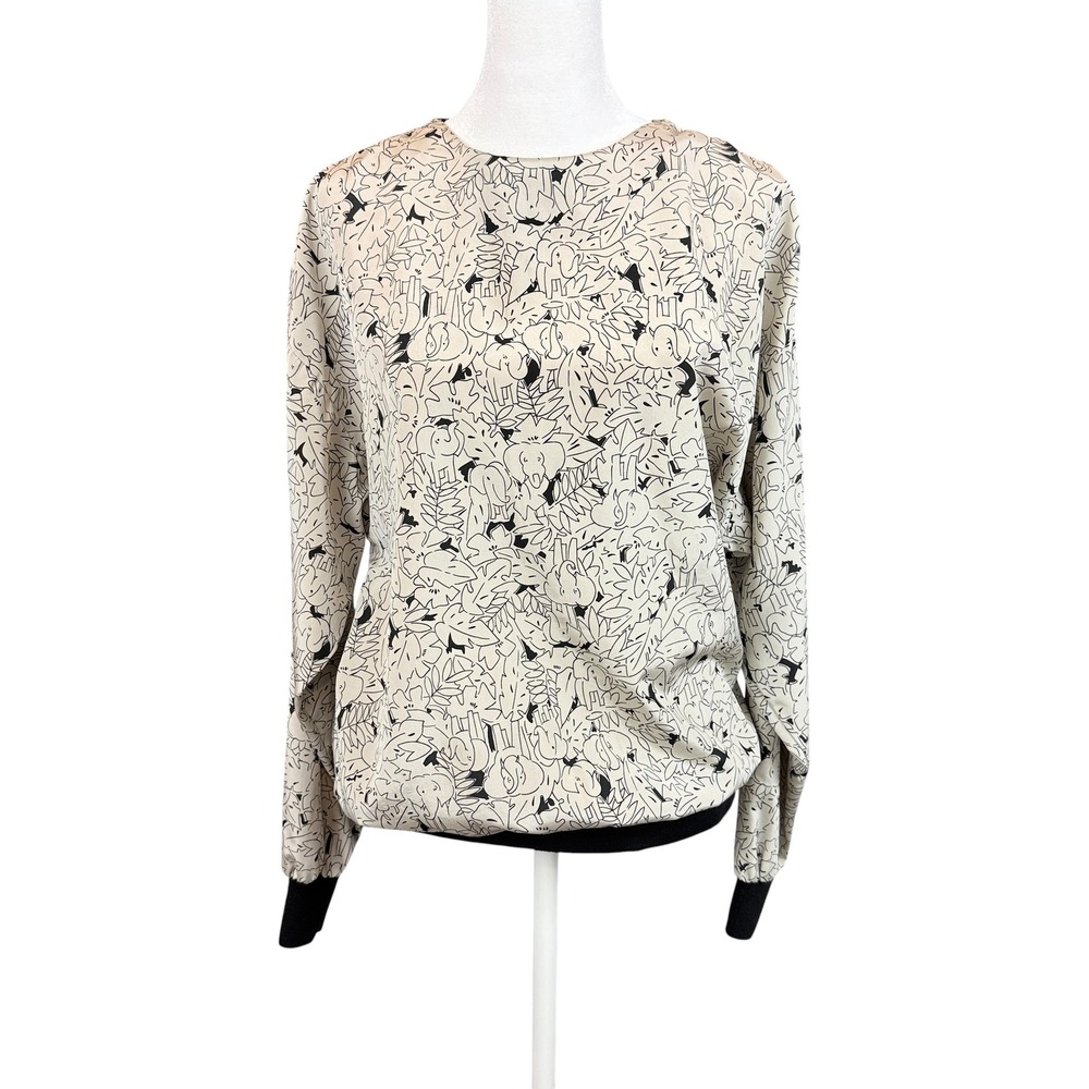 Russ Elephant Print Blouse Womens 12 Cream Black Vintage Long Sleeve Back Button